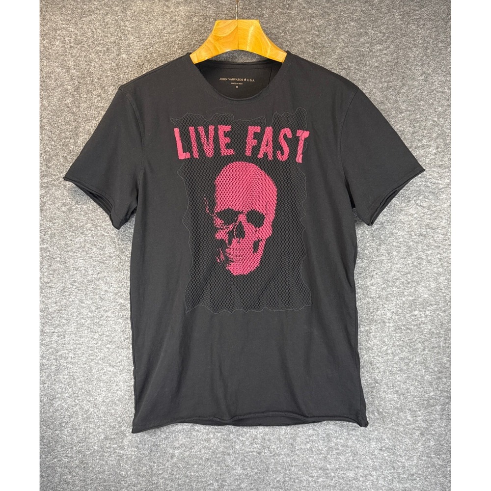 John Varvatos USA Graphic Tee Mens M Black Skull Mesh Live Fast Shirt Goth Punk